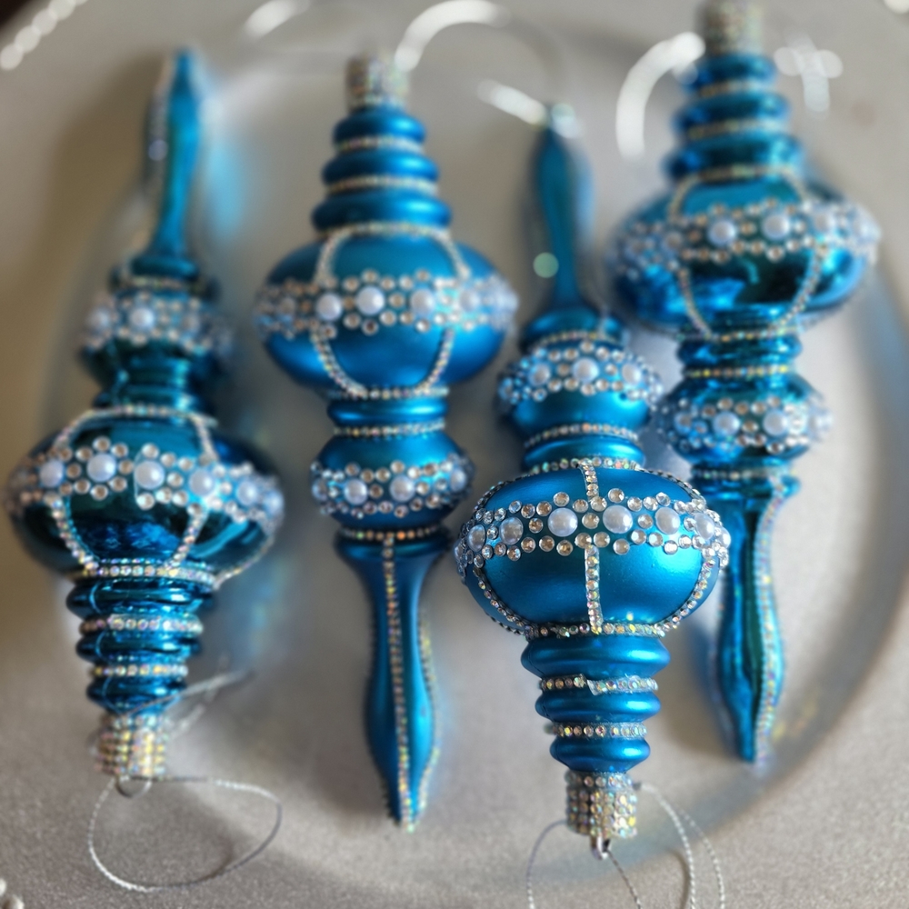 Elegant Teal  Ornament Set 4 Piece Large 7 Inch New Handmade